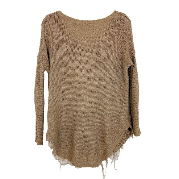 FREE PEOPLE Cross My Heart Knit Tunic Sweater XS Fringe Oversized Tan EUC B72 - Picture 3 of 6